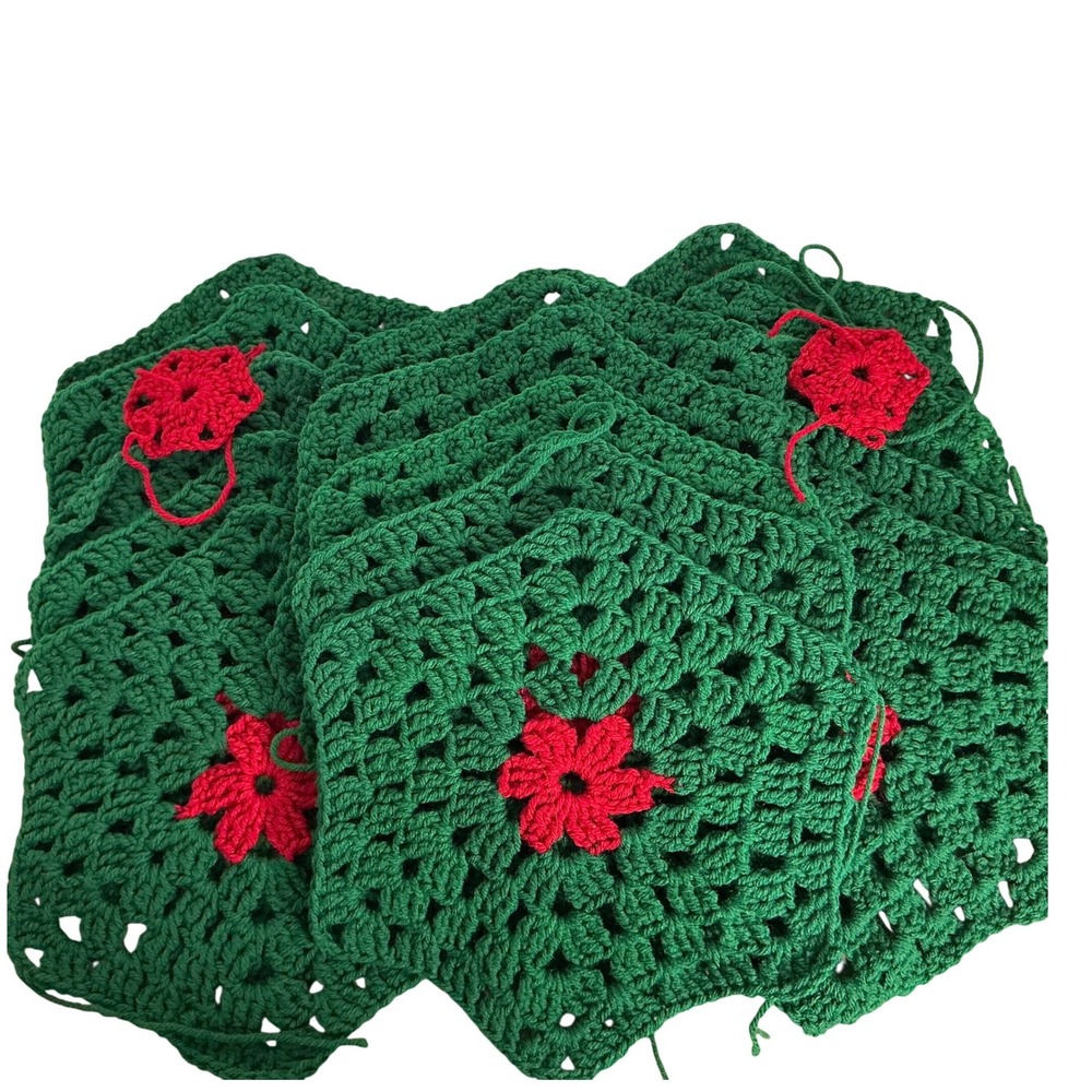 Lot‎ of 15 Vintage Granny Square Crochet Afghan Squares Green Red Christmas